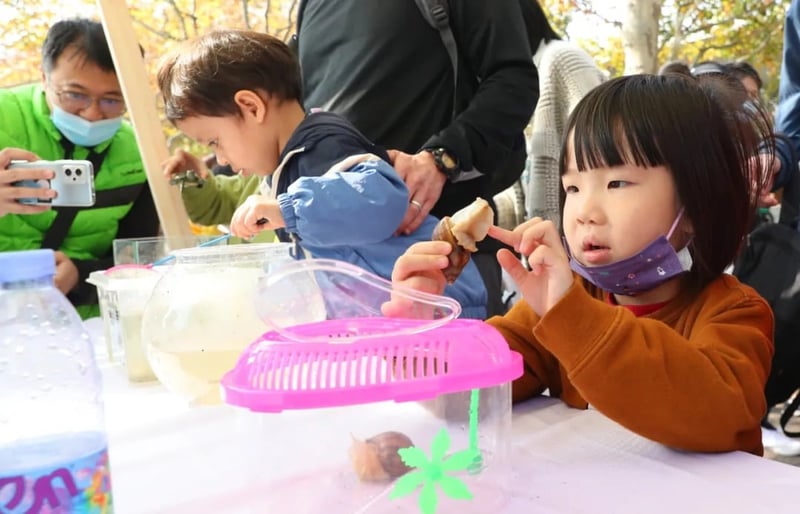 2022年11月20日,小朋友在上海自然博物馆外来入侵物种展示展位上触摸一只非洲大蜗牛活体。